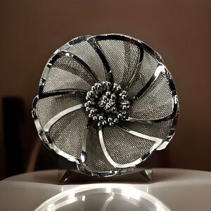 Vintage‎ Jewelry Signed BED SLIVER Tone Mesh Floral Peony Flower BROOCH PIN
